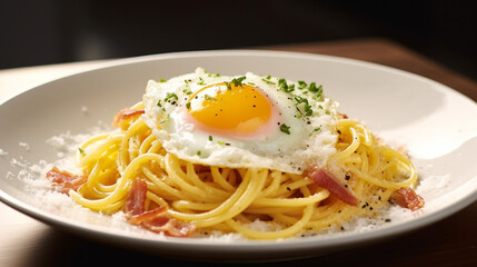 pasta carbonara dish, with spaghetti, crispy guanciale, with a fried egg on top and parmesan cheese. Served on an elegant white plate, with a light wooden table background.