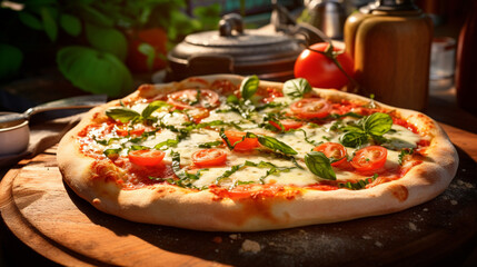 Realistic image of a freshly baked Margherita pizza, with bubbling melted mozzarella cheese, fresh tomatoes and green basil leaves, the pizza is on a wood