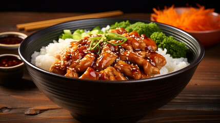 donburi teriyaki dish, with fluffy white rice topped with bright chicken and glazed with teriyaki sauce. The Japanese ceramic bowl garnished with sesame seeds and finely chopped chives.