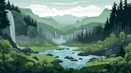 Mountain landscape with waterfall. Vector illustration in flat cartoon style.