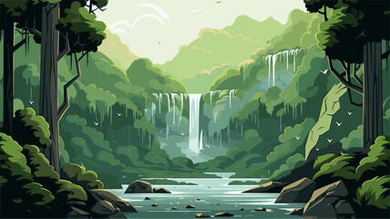 Mountain landscape with waterfall. Vector illustration in flat cartoon style. - obrazy, fototapety, plakaty