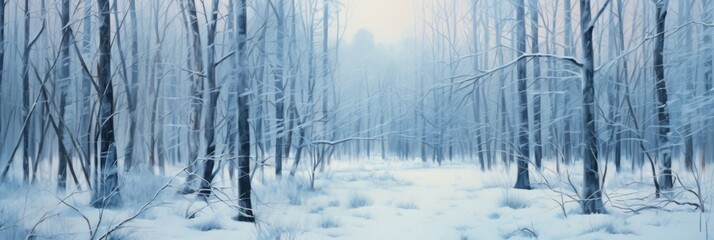 A Serene Winter Wonderland: Soft Blue and Gray Shadows Cast by Snow-Clad Trees in a Peaceful Forest Landscape