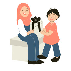 Happy mother’s day illustration,Mother with daughter, Happy mother’s day, Son gives gift to mother 