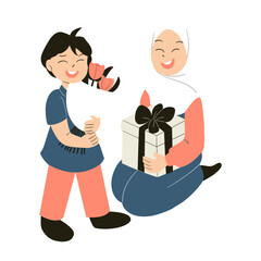 Happy mother’s day illustration,Mother with daughter, Happy mother’s day, Son gives gift to mother, Child with flower