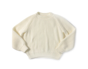 Stylish knitted sweater isolated on white, top view