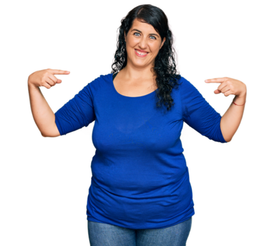 Plus size brunette woman wearing casual clothes looking confident with smile on face, pointing oneself with fingers proud and happy.