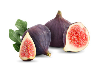 Fresh ripe figs and green leaf isolated on white