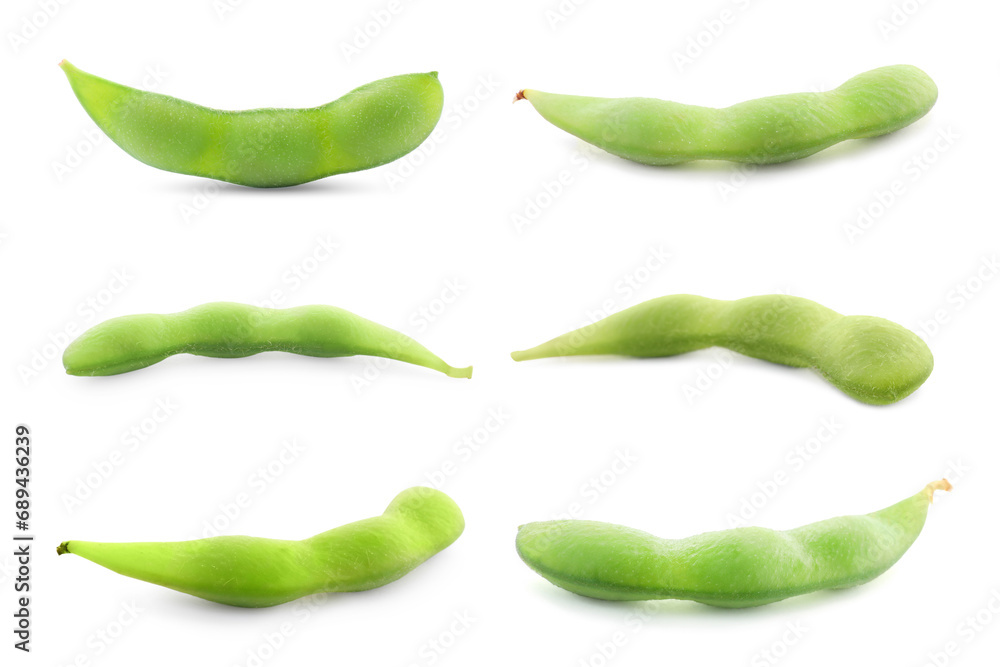 Wall mural raw green edamame pods isolated on white, set