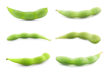 Raw green edamame pods isolated on white, set