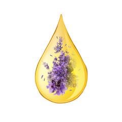 Beautiful lavender flowers in essential oil drop on white background