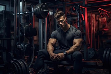 Fototapeta na wymiar Muscular Man Sitting on Gym Bench, Blond Model, Athletic Pose, Studio Shot, Gym Background, Weights