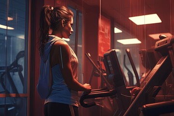 Fototapeta na wymiar Fit Woman Using Treadmill in Gym with Sports Vibes