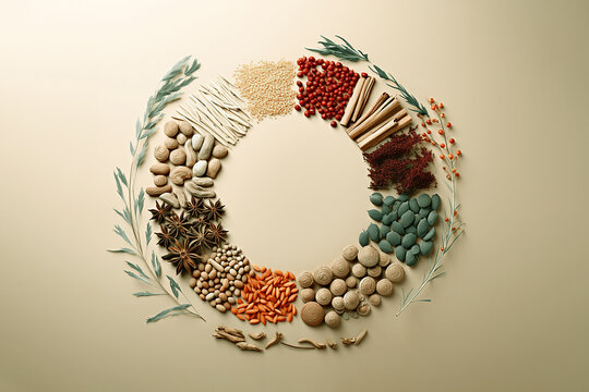 Generative AI Image of Variety of Traditional Herbal Medicines Arranged in Circle on Beige Background
