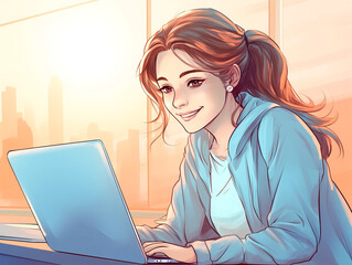 Young happy woman working on laptop, Generative AI illustrations
