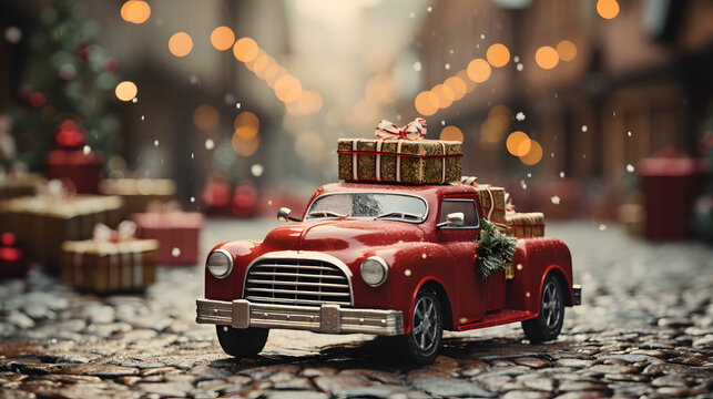 Red Santa's car with gift boxes and christmas tree on the top. Red vintage car with Christmas tree