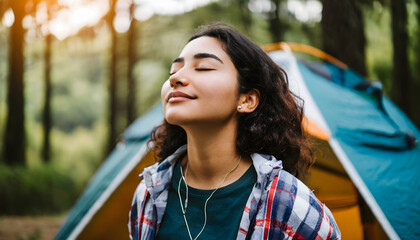 girl camping in the forest while closing her eyes and breathing the fresh air, vacation concept, nature, relaxation