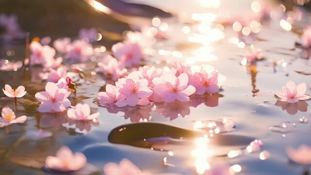 Closeup of delicate cherry blossom petals floating on the surface of a tranquil Japanese garden stream.