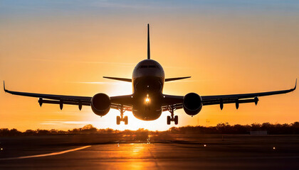 airplane landing at sunset - obrazy, fototapety, plakaty