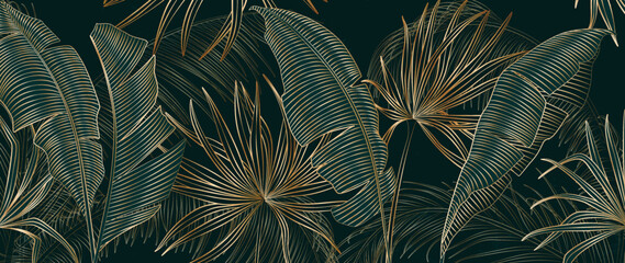 Luxury dark art background with tropical palm leaves in golden line art style. Abstract botanical banner with exotic plants for decoration, print, wallpaper, textiles, interior. - obrazy, fototapety, plakaty