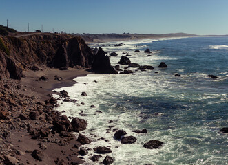 Sandy beach of west coast of America in California coastline of Pacific ocean in Usa, America