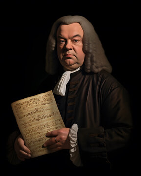 Johann Sebastian Bach, German composer & musician of the baroque period. Realistic photographic portrait of him in his late years holding a manuscript score with his music.