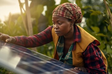 african american engineer installing a solar panel; black man professional technician person working on a sustainable alternative sun electricity energy generator with photovoltaic cells