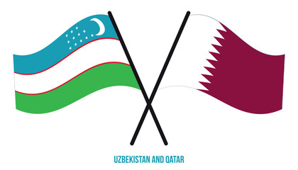 Uzbekistan and Qatar Flags Crossed And Waving Flat Style. Official Proportion. Correct Colors.