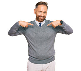 Handsome middle age man wearing business clothes looking confident with smile on face, pointing oneself with fingers proud and happy.