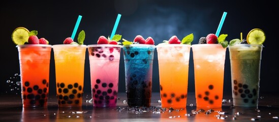 Drinks of various colors with tapioca bubbles, garnished with fruits and straws on a dark background