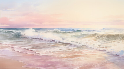 watercolour of a featuring the beauty of the sea, beaches, and coastal areas, dusty and gold colors.