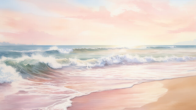 watercolour of a featuring the beauty of the sea, beaches, and coastal areas, pink and gold colors.