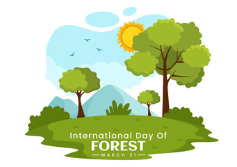 International Forest Day Vector Illustration on 21 March with Plants, Trees, Green Fields and Various Wildlife to Economic Forestry in Background