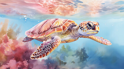 Fototapeta premium watercolour of a beauty of turtle in the sea, beaches, and coastal areas, pink and gold colors