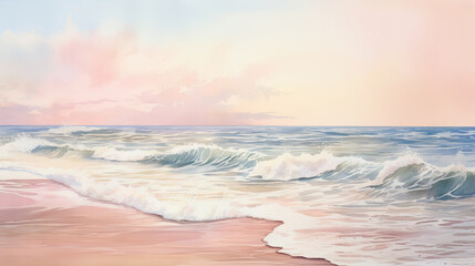 Obraz premium watercolour of a featuring the beauty of the sea, beaches, and coastal areas, pink and gold colors.