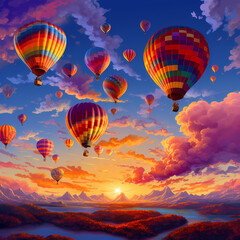 A cluster of hot air balloons against a colorful evening sky