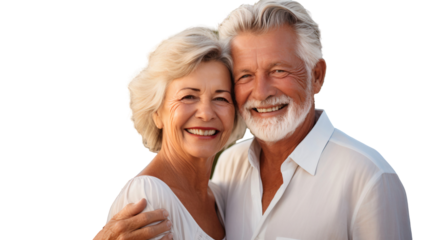 Happy elderly couple smiling and embracing together, isolated on transparent background