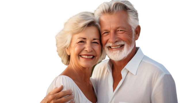 Happy elderly couple smiling and embracing together, isolated on transparent background