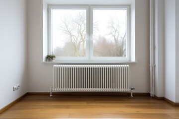 White heating radiator under the window in winter