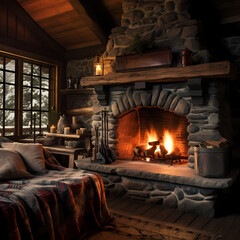 A cozy fireplace in a rustic cabin