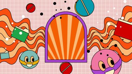 Fototapeta premium Colorful colourful vector back to the 90s 80s retro nostalgic vintage background Retro groovy hippy trippy 70s vintage funky 1970s cartoon background