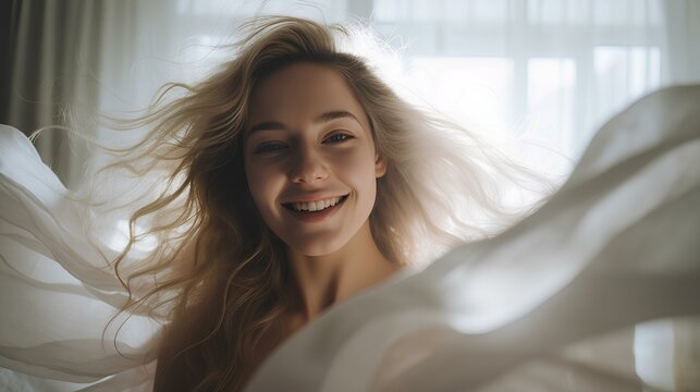 Captivating Woman In A White Bedroom, Smiling, Gen Z Clothing, Wake-up Moment, Beautiful Long Blond Hair, Light From Behind, Relaxing. Generative AI