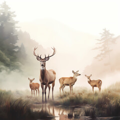 A family of deer grazing in a misty meadow