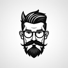 logo with the head and face of a man with a beard and mustache in glasses on white background. An emblem for a barbershop men's salon or a brand store