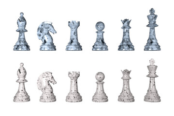 3d Basic chess set on white background. 3d mockup rendering illustration. Business strategy team and Intellectual leisure activity symbol concept.Pawn, king, queen, rook, knight, bishop.