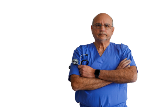 Older bald serious senior doctor with his arms folded, holding his stethoscope isolated on a transparent background