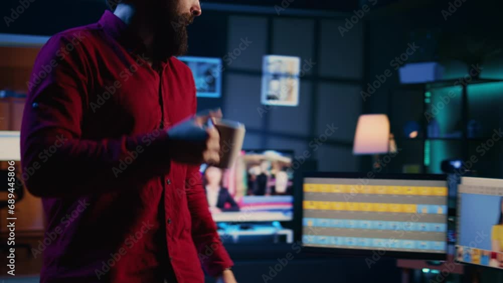 Aufkleber photographer arriving at work, starting shift by using image editing software on pc display in multi