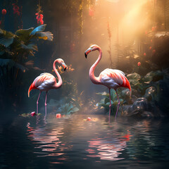 A group of flamingos in a tropical wetland
