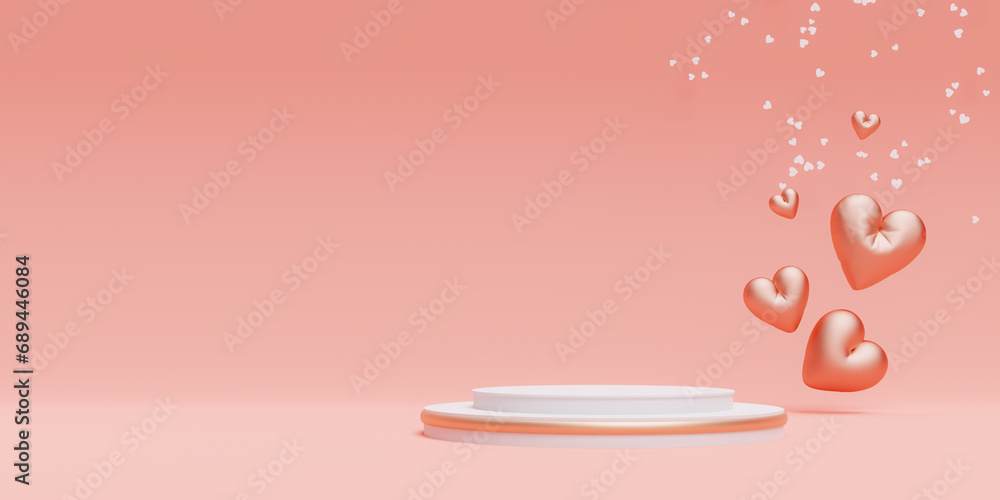 Poster podium background for product display with heart symbol of love, 3d rendering