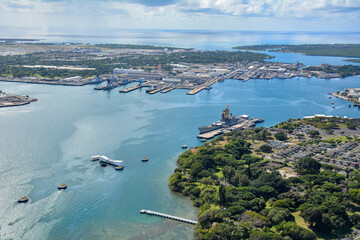 Aerial view of the USS Arizona war memorial and the USS Missouri battleship at Pearl Harbor in...