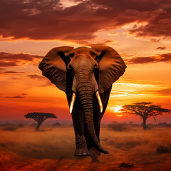 A lone elephant against the backdrop of an African sunset